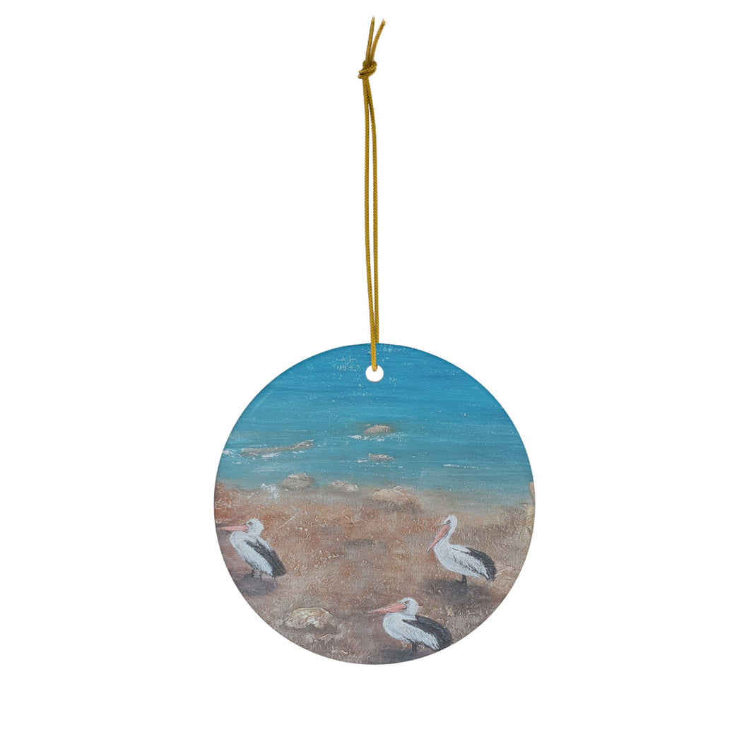 Original artwork front, description on back. Thick high-quality porcelain. 7cm diameter. Comes w/ ribbon by Kerry Sandhu Art