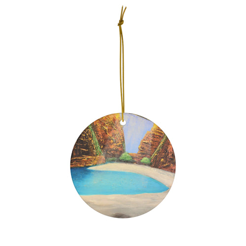 Original artwork front, description on back. Thick high-quality porcelain. 7cm diameter. Comes w/ ribbon by Kerry Sandhu Art