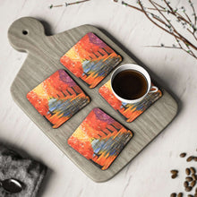 Load image into Gallery viewer, Corkwood underside, glossy finish on top. Available in 1 or 4 pc sets. 9.5 x 9.5cm. Autumn / Fall trees, leaves, reflections
