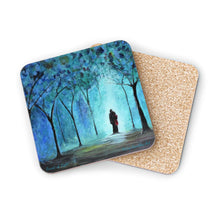 Load image into Gallery viewer, Corkwood underside, glossy finish on top. 1 or 4 pc sets. 9.5 x 9.5cm. Mystical &amp; spiritual couple in white light in a forest
