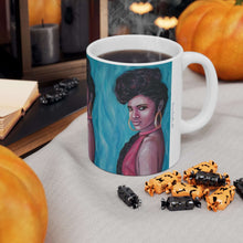 Load image into Gallery viewer, 11oz BPA, lead-free, microwave/dishwasher safe, white ceramic, vivid colours. Many original artworks by Kerry Sandhu Art
