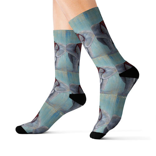 Step out in style with these funky socks! 3 sizes. Ribbed tube, cushioned bottoms, sublimated print by Kerry Sandhu Art