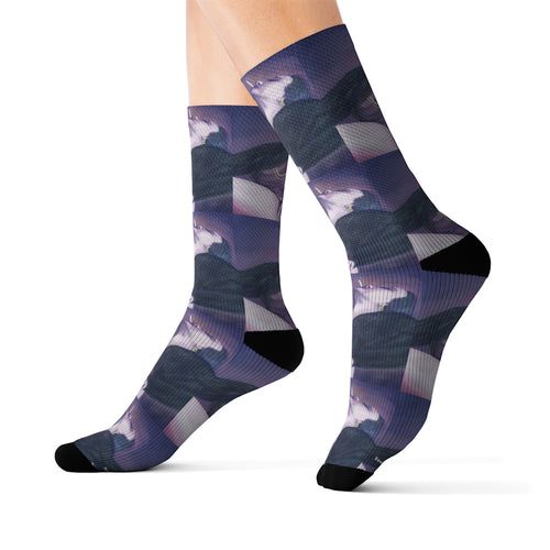 Step out in style with these funky socks! 3 sizes. Ribbed tube, cushioned bottoms, sublimated print by Kerry Sandhu Art