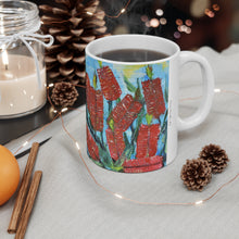 Load image into Gallery viewer, 11oz BPA, lead-free, microwave/dishwasher safe, white ceramic, vivid colours. Many original artworks by Kerry Sandhu Art
