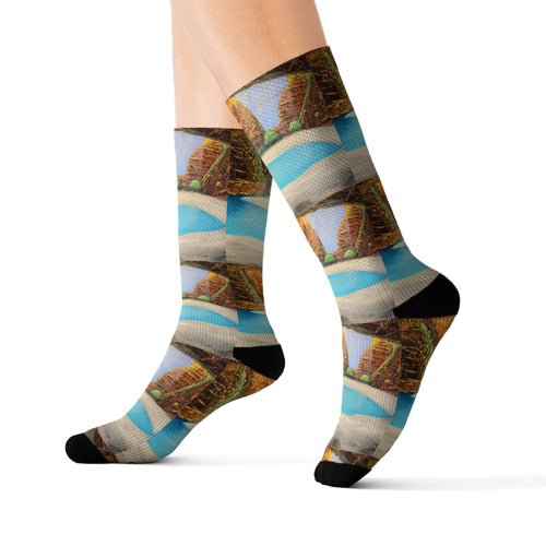 Step out in style with these funky socks! 3 sizes. Ribbed tube, cushioned bottoms, sublimated print by Kerry Sandhu Art