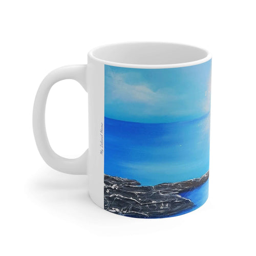 11oz BPA, lead-free, microwave/dishwasher safe, white ceramic, vivid colours. Many original artworks by Kerry Sandhu Art