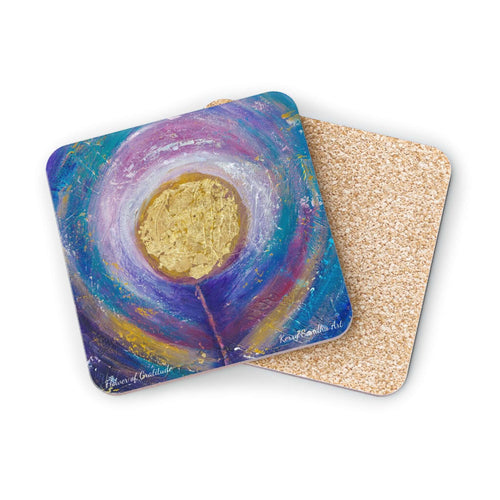 Corkwood underside, glossy finish on top. 1 or 4 pc sets. 9.5 x 9.5cm. Abstract flower with gold & colourful background