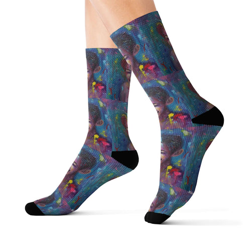 Step out in style with these funky socks! 3 sizes. Ribbed tube, cushioned bottoms, sublimated print by Kerry Sandhu Art