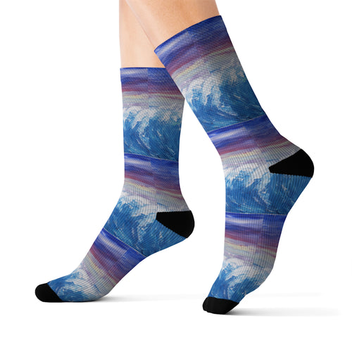 Step out in style with these funky socks! 3 sizes. Ribbed tube, cushioned bottoms, sublimated print by Kerry Sandhu Art