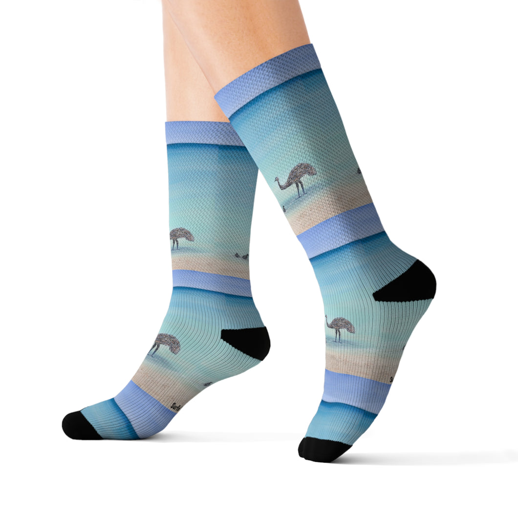 Step out in style with these funky socks! 3 sizes. Ribbed tube, cushioned bottoms, sublimated print by Kerry Sandhu Art