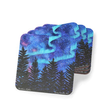Load image into Gallery viewer, Corkwood underside, glossy finish on top. 1 or 4 pc sets. 9.5 x 9.5cm. Aurora Borealis, Aurora Australis, northern lights
