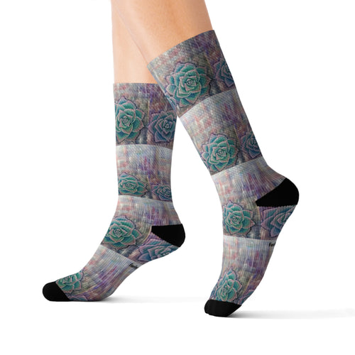 Step out in style with these funky socks! 3 sizes. Ribbed tube, cushioned bottoms, sublimated print by Kerry Sandhu Art