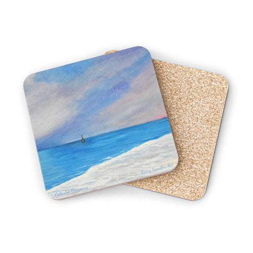 Corkwood underside, glossy finish on top. 1 or 4 pc sets. 9.5 x 9.5cm. Sunset at iconic Cottesloe Beach, Western Australia.