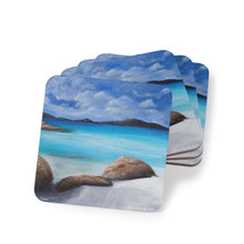 Load image into Gallery viewer, Corkwood underside, glossy finish on top. 1 or 4 pc sets. 9.5x9.5cm. Turquoise ocean, beach rocks, Denmark Western Australia.
