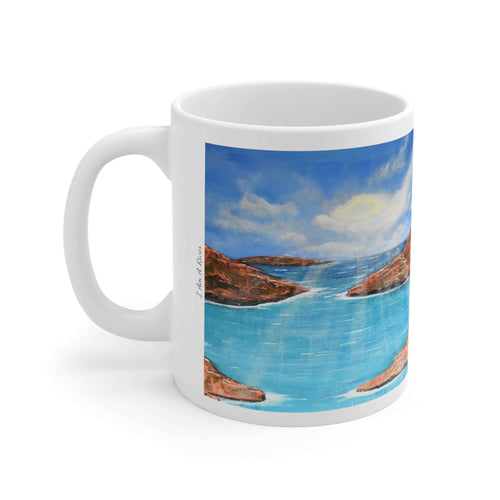 11oz BPA, lead-free, microwave/dishwasher safe, white ceramic, vivid colours. Many original artworks by Kerry Sandhu Art