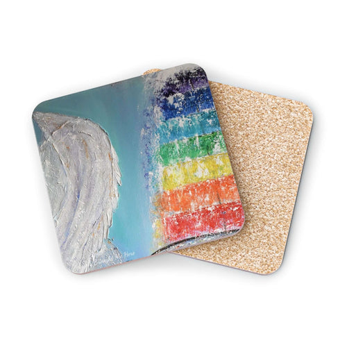 Corkwood underside, glossy finish on top. Available in 1 or 4 pc sets. 9.5 x 9.5cm. Angels wings & chakra coloured fountain