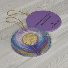Load image into Gallery viewer, Original artwork front, description on back. Thick high-quality porcelain. 7cm diameter. Comes w/ ribbon by Kerry Sandhu Art
