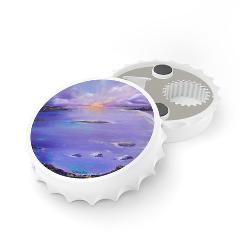 Plastic exterior w/ metallic bottom, magnetic back, 2 different opening mechanisms, matte finish. Art by Kerry Sandhu Art