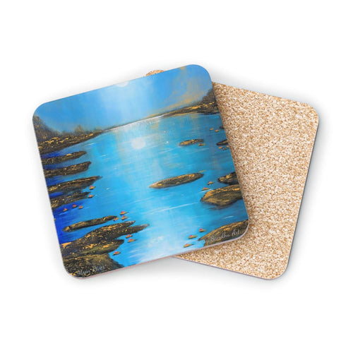 Corkwood underside, glossy finish on top. 1 or 4 pc sets. 9.5 x 9.5cm. Mystical river with a full moon and moon reflections