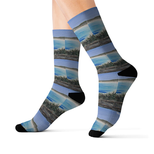 Step out in style with these funky socks! 3 sizes. Ribbed tube, cushioned bottoms, sublimated print by Kerry Sandhu Art