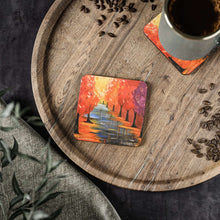 Load image into Gallery viewer, Corkwood underside, glossy finish on top. Available in 1 or 4 pc sets. 9.5 x 9.5cm. Autumn / Fall trees, leaves, reflections
