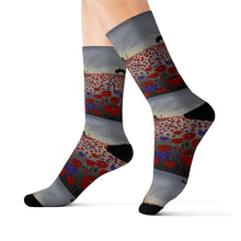 Load image into Gallery viewer, Step out in style with these funky socks! 3 sizes. Ribbed tube, cushioned bottoms, sublimated print by Kerry Sandhu Art
