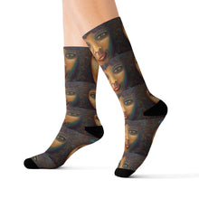 Load image into Gallery viewer, Step out in style with these funky socks! 3 sizes. Ribbed tube, cushioned bottoms, sublimated print by Kerry Sandhu Art
