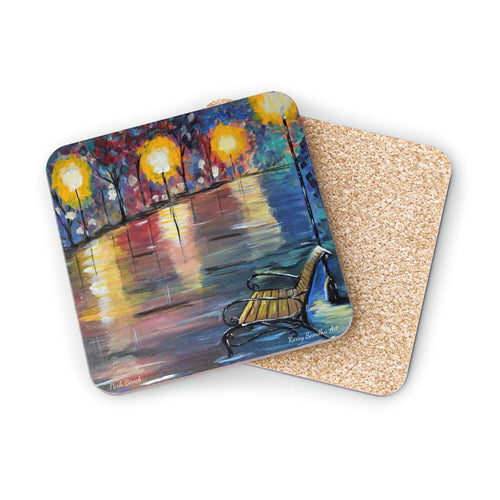 Corkwood underside, glossy finish on top. 1 or 4 pc sets. 9.5 x 9.5cm. Park bench under street lights with water reflections