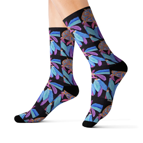 Step out in style with these funky socks! 3 sizes. Ribbed tube, cushioned bottoms, sublimated print by Kerry Sandhu Art