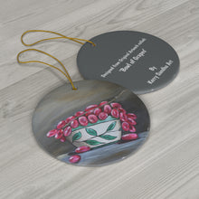 Load image into Gallery viewer, Original artwork front, description on back. Thick high-quality porcelain. 7cm diameter. Comes w/ ribbon by Kerry Sandhu Art
