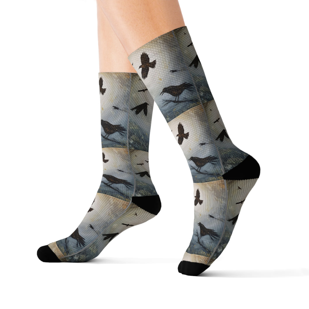 Step out in style with these funky socks! 3 sizes. Ribbed tube, cushioned bottoms, sublimated print by Kerry Sandhu Art