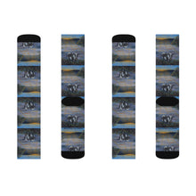 Load image into Gallery viewer, Step out in style with these funky socks! 3 sizes. Ribbed tube, cushioned bottoms, sublimated print by Kerry Sandhu Art
