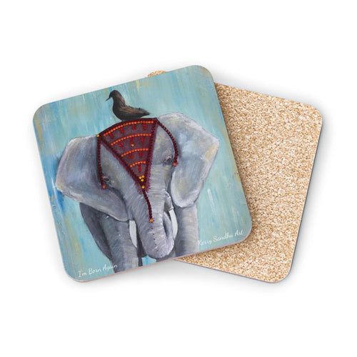 Corkwood underside, glossy finish on top. 1 or 4 pc sets. 9.5 x 9.5cm. Asian elephant in headdress w/ a blackbird on its head
