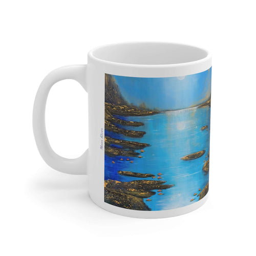 11oz BPA, lead-free, microwave/dishwasher safe, white ceramic, vivid colours. Many original artworks by Kerry Sandhu Art