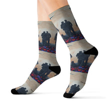 Load image into Gallery viewer, Step out in style with these funky socks! 3 sizes. Ribbed tube, cushioned bottoms, sublimated print by Kerry Sandhu Art
