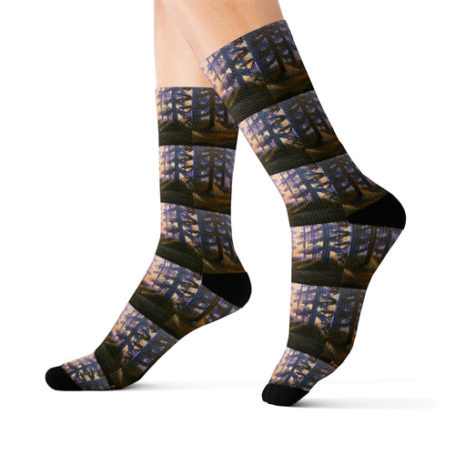 Step out in style with these funky socks! 3 sizes. Ribbed tube, cushioned bottoms, sublimated print by Kerry Sandhu Art