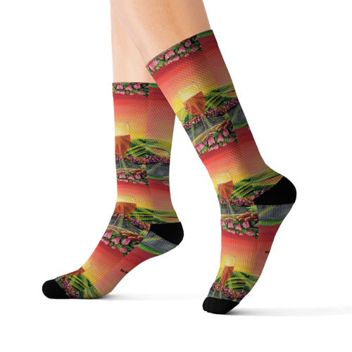 Step out in style with these funky socks! 3 sizes. Ribbed tube, cushioned bottoms, sublimated print by Kerry Sandhu Art