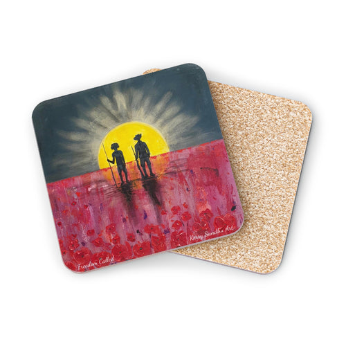Corkwood underside, glossy finish on top. 1 or 4 pc sets. 9.5 x 9.5cm. First Nations man & soldier, abstract aboriginal flag