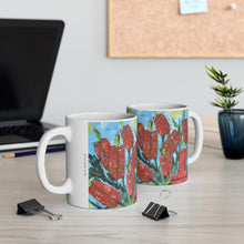 Load image into Gallery viewer, 11oz BPA, lead-free, microwave/dishwasher safe, white ceramic, vivid colours. Many original artworks by Kerry Sandhu Art
