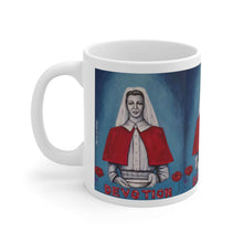 Load image into Gallery viewer, 11oz BPA, lead-free, microwave/dishwasher safe, white ceramic, vivid colours. Many original artworks by Kerry Sandhu Art
