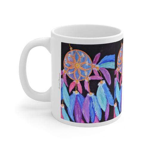 11oz BPA, lead-free, microwave/dishwasher safe, white ceramic, vivid colours. Many original artworks by Kerry Sandhu Art