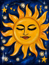 Load image into Gallery viewer, Bohemian Sun acrylic painting with a golden sun and celestial details
