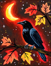Load image into Gallery viewer, Moonlit Raven acrylic painting featuring a black raven, autumn leaves and moonlit sky
