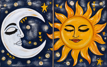 Load image into Gallery viewer, Bohemian Moon and Bohemian Sun sister paint party designs
