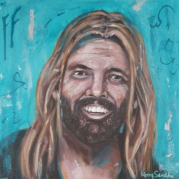Expressive acrylic portrait of a human figure with long hair and beard against a textured turquoise background