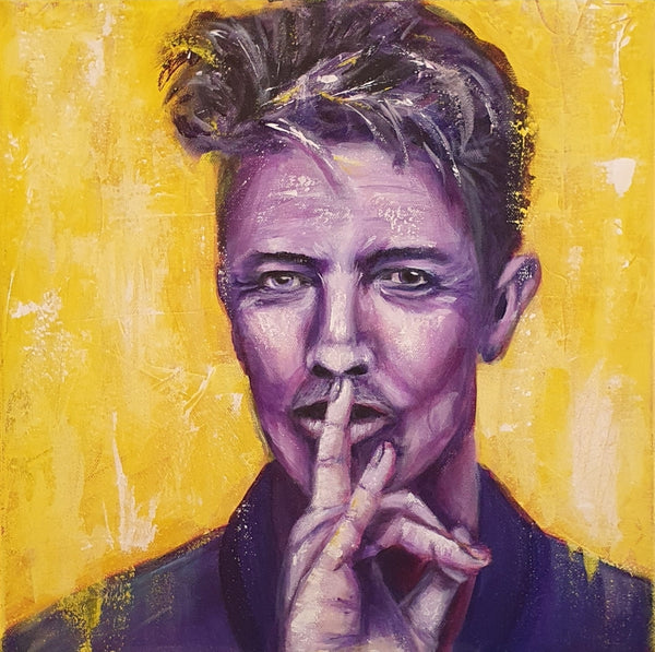 Expressive acrylic portrait of a human figure with short hair against a bold yellow background