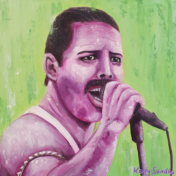 Expressive acrylic portrait of a human figure singing into a microphone against a green background