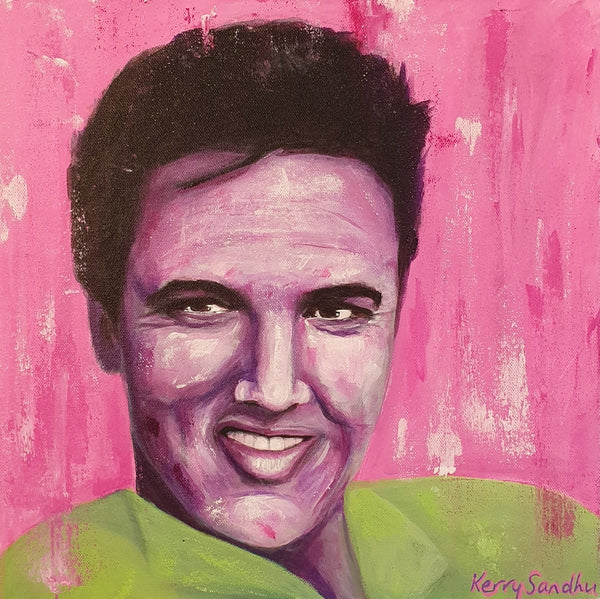 Expressive acrylic portrait of a smiling human figure against a textured pink background
