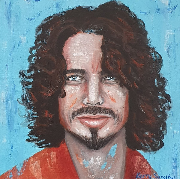 Expressive acrylic portrait of a human figure with curly hair against a blue background