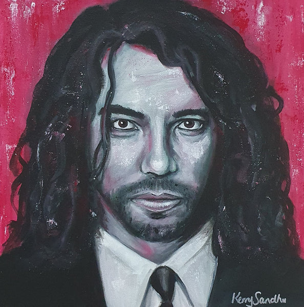 Expressive acrylic portrait of a human figure with long dark hair against a deep red background